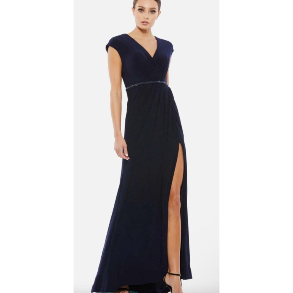 Mac Duggal Gown Dress Size 14 Faux Wrap‎ V Neck Cap Sleeve Beaded 67850